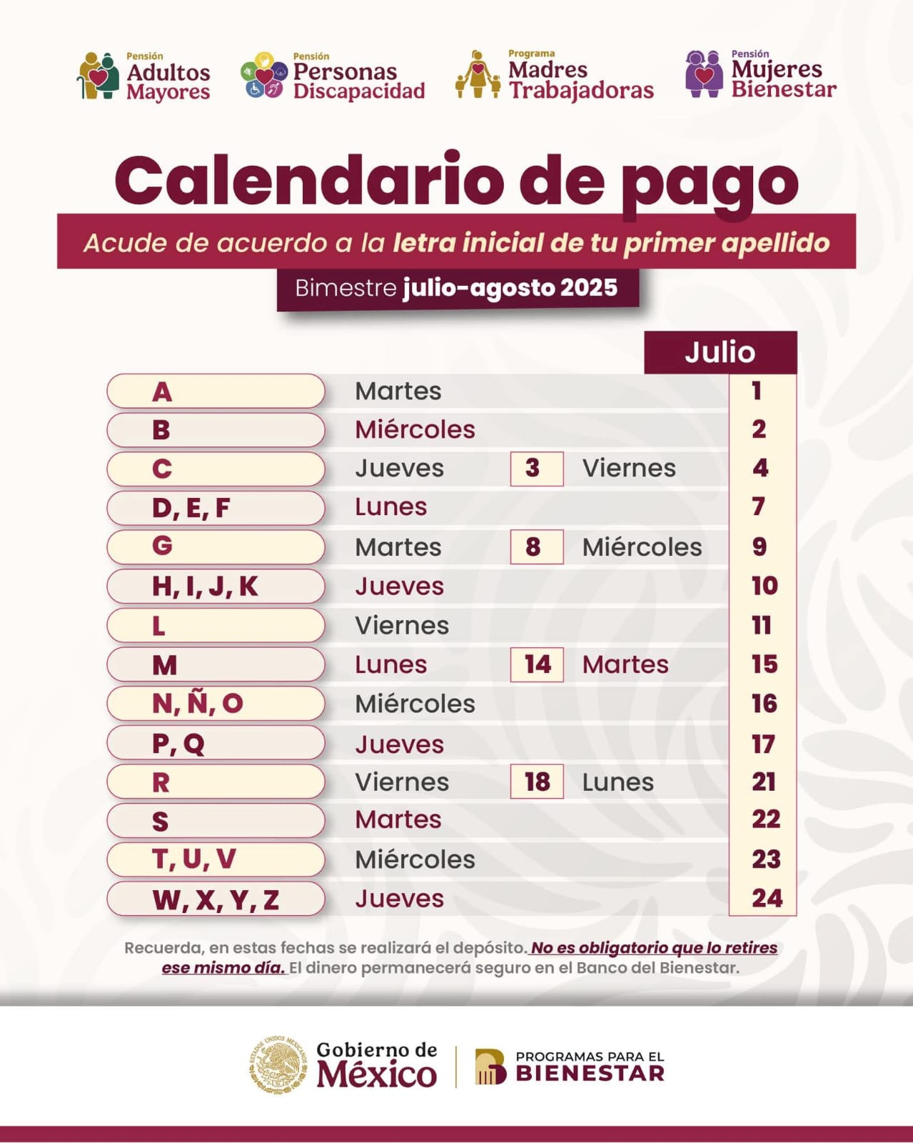 Calendario de Pagos Bienestar Julio-Agosto 2026